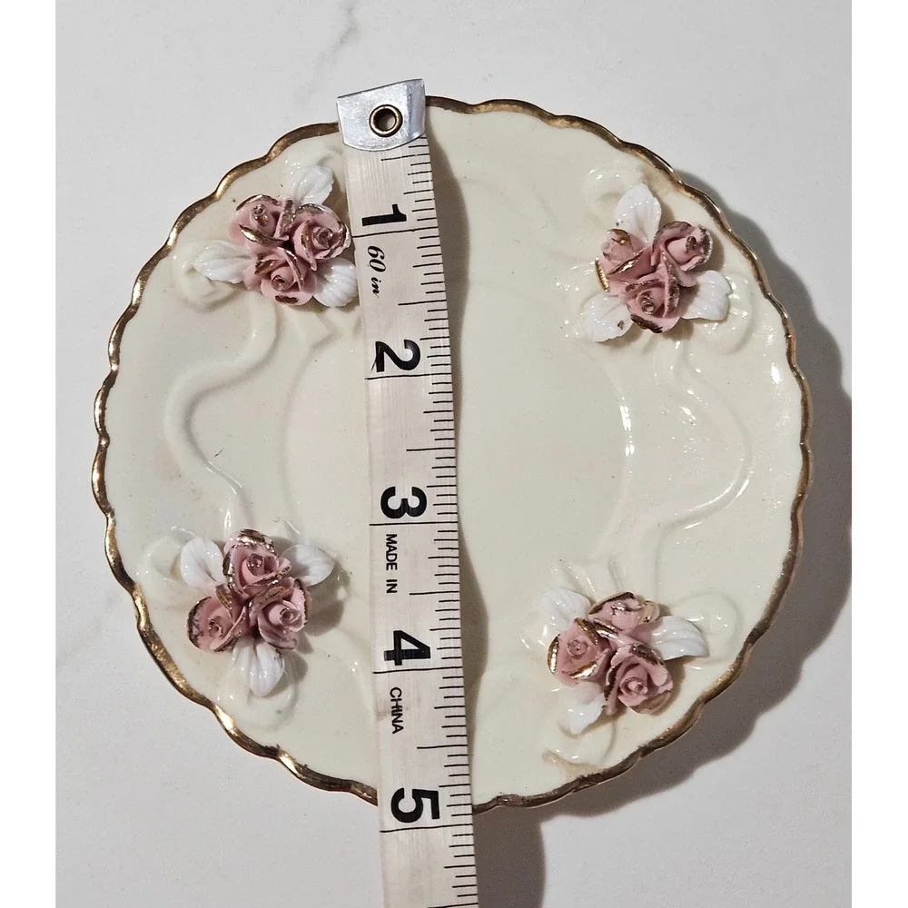 Miniature Porcelain Footed Teacup and Saucer Set Pink 3D Roses Gold Trim Decor